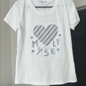 White Short Sleeve Tee with Silver Sequin Heart & Lettering